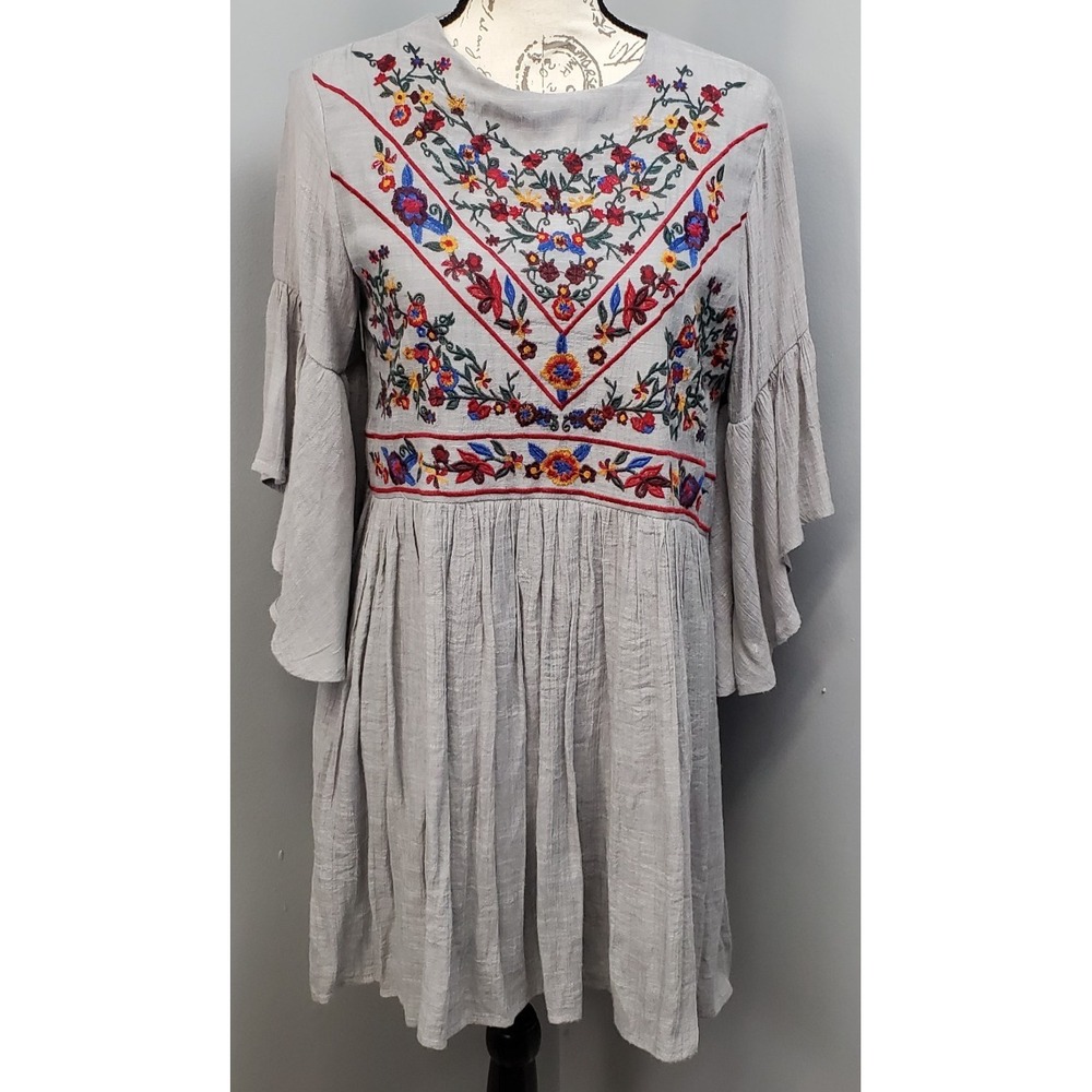 Umgee Mini Dress Womens Small Multi Floral Embroidered Tiered Bell Sleeve Boho